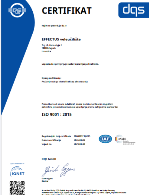 Confirmed Quality of the Quality Management System at EFFECTUS University of Applied Sciences